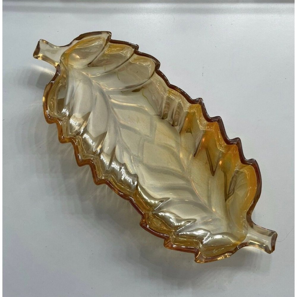Vintage Marigold Carnival Glass Leaf Dish